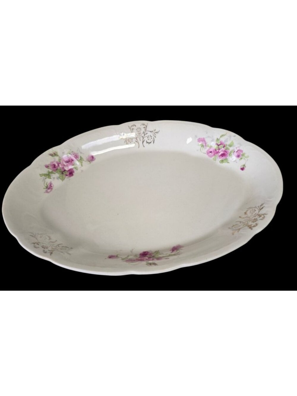 Antique White Porcelain Serving Dish Pink Rose Floral & Gold Scroll Design Oval
